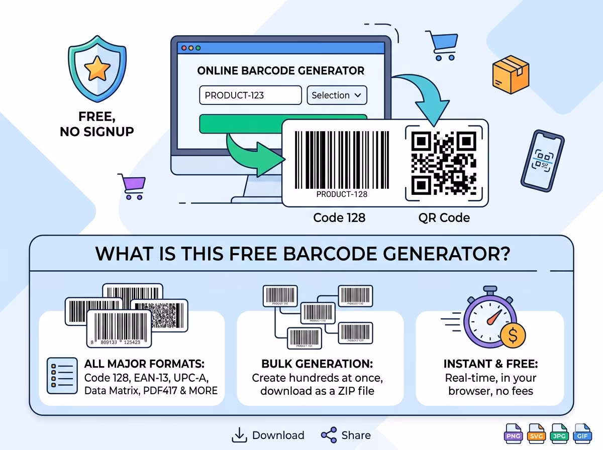 This free online barcode generator lets you create barcodes instantly — no signup, no fees, no software to install. Supports all major 1D and 2D barcode formats including Code 128, EAN-13, UPC-A, QR Code, and Data Matrix.