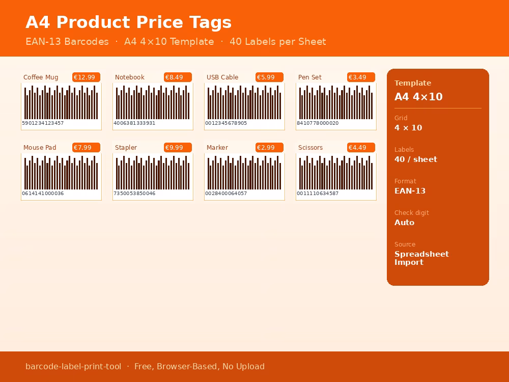A4 product label sheet with EAN-13 barcodes and product names for retail price tags