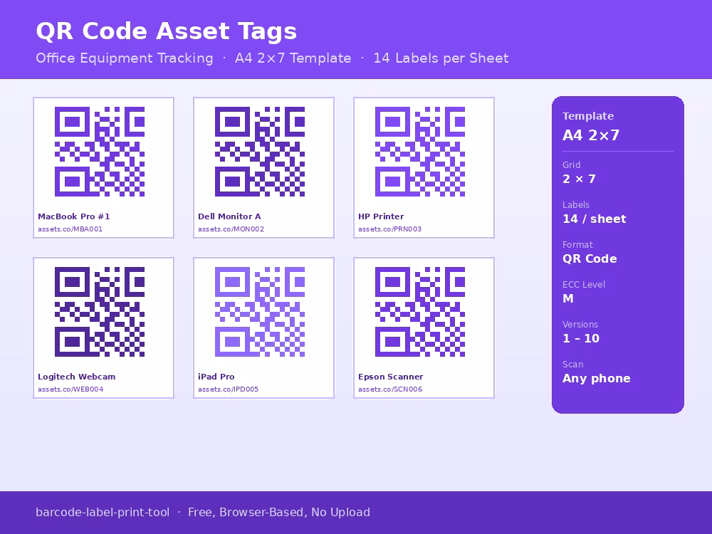 A4 QR code asset tag label sheet for office equipment tracking