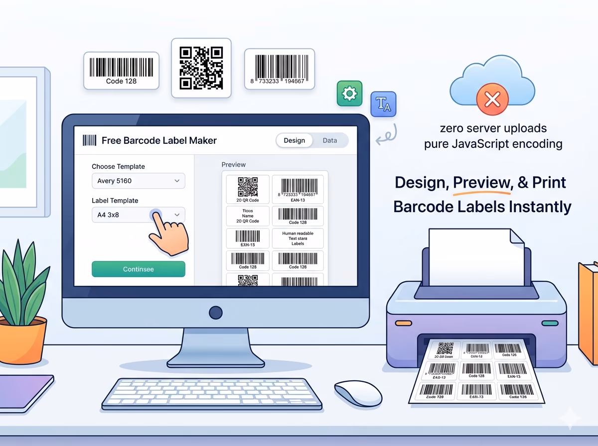 This free online barcode label maker is a client-side tool that lets you design, preview, and print barcode label sheets without installing any software. Select a label template that matches your label stock — Avery 5160, Avery 5163, A4 3×8, A4 4×10, A4 2×7, or a fully custom layout. Add barcode items manually or bulk-import hundreds of entries at once using tab-separated text. All barcodes are rendered as pure SVG directly in your browser, and the print output opens in a new window with pixel-perfect @page CSS sizing ready for your printer.