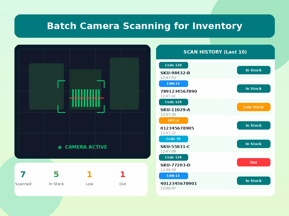 Using camera mode to scan multiple barcodes for inventory management