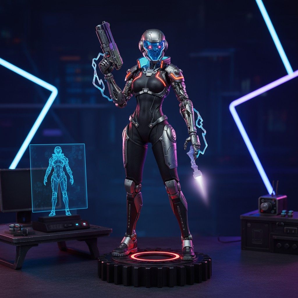 Immagine di statuetta in stile meccanico della Guerriera Cyberpunk